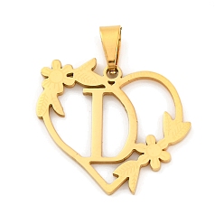 Letter D Ионное покрытие (ip) 201 подвески из нержавеющей стали, сердце с подвесками в виде букв, золотые, Буква D, 23x25x1.5 мм, отверстие : 7.5x3.5 мм