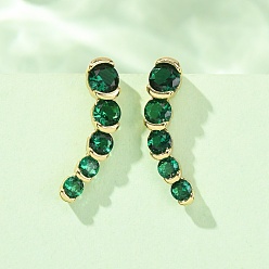 Green Brass Pave Cubic Zirconia Stud Crawler Earrings, Flat Round, Real 18K Gold Plated, Cadmium Free & Lead Free, Long-Lasting Plated, Rack Plating, Green, 21.5x6x9.5mm
