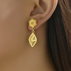 Золотой Серьги-гвоздики из сплава с подвеской в виде цветка и пера, модные серьги, золотые, 37x12 мм