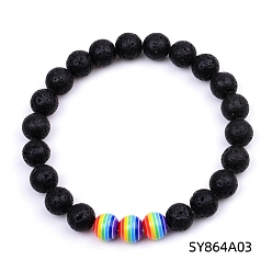 Lava Rock Natural Lava Rock & Glass Round Beaded Stretch Bracelet, 7-1/4~7-1/2 inch(18.5~19cm)