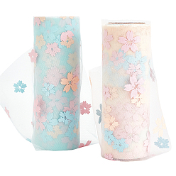 Mixed Color 2 Rolls 2 Colors Sakura Printed Chinlon Tulle Rolls, for Wedding Party Decorations Gift Bowknot, Skirt, Hair Crafts Making, Mixed Color, 15cm, 9m/roll, 1roll/color