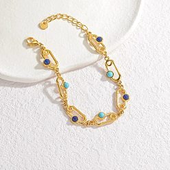 Rectangle Стиль богема 304 браслеты из нержавеющей стали с цепочкой для женщин, с синтетическими бирюзовый, реальный 18 k позолоченный, прямоугольные, 7-1/8 дюйм (18 см), Прямоугольник: 10x23x4 мм