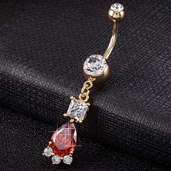 Красный Пирсинг украшения, кольцо пупка из экологически чистой латуни с фианитом, кольца живота, с 304 стержнем из нержавеющей стали, реальный 18 k позолоченный, слеза, красные, 48x9 мм, длина стержня: 3/8"(10мм), бар: 14 калибр (1.6 мм)