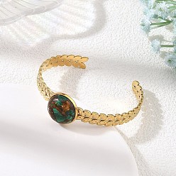 Golden Synthetic Bronzite and Malachite Half Round 304 Stainless Steel Leaf Cuff Bangle for Women, Golden, Golden, Inner Diameter: 2.44x2.05 inch(6.2x5.2cm)