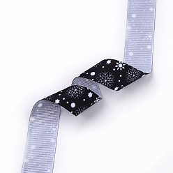 Black Single Face Printed Polyester Grosgrain Ribbons, Christmas Pattern, Snowflake, Black, 1 inch(25mm), about 20yards/roll(18.288m/roll)