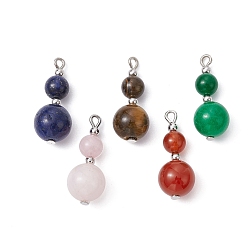 Mixed Color Natural Mixed Stone Pendants, Gourd Charms with Platinum Plated Brass Beads, Mixed Dyed and Undyed, Mixed Color, 25.5x10.5mm, Hole: 1.6mm