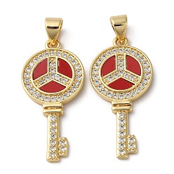 Real 18K Gold Plated Brass Micro Pave Cubic Zirconia Pendants, Cadmium Free & Lead Free, with Shell, Key, Real 18K Gold Plated, 29x13.5x2mm, Hole: 4x3.5mm