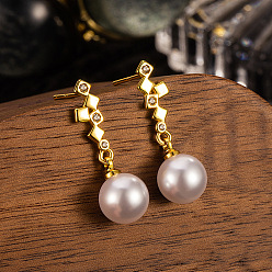 Oro Pendientes de botón geométricos cuadrados de latón con micro circonitas cúbicas engastadas, Pendientes colgantes grandes redondos de imitación de perlas para mujer, dorado, 24x8 mm