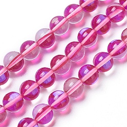 Magenta Synthetic Moonstone Beads Strands, Dyed, Holographic Beads, Half AB Color Plated, Round, Magenta, 8mm, Hole: 1mm, about 49pcs/strand, 15 inch