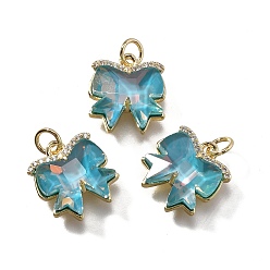 Настоящее золото 18K Латунные микро проложить кубического циркония прелести, бантом, со стеклом и петлей, долгоиграющий, без свинца и без кадмия, граненые, Небесно-голубой, реальный 18 k позолоченный, 14x13x5 мм, отверстие : 3 мм
