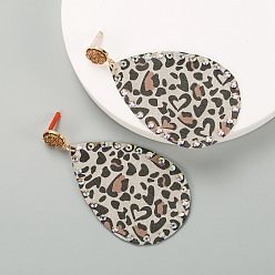 Light Grey PU Leather Stud Earring, with Rhinestone, Teardrop, Light Grey, 94x53mm