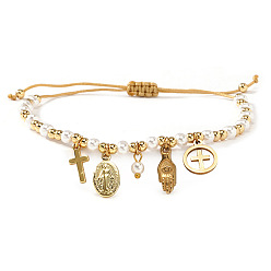 Золотой 304 из нержавеющей стали шарм браслеты, Регулируемые браслеты для женщин из латуни и пластика с круглыми бусинами, имитирующими жемчуг., Хамса, рука, крест и Дева Мария, золотые, 11.02 дюйм (28 см)