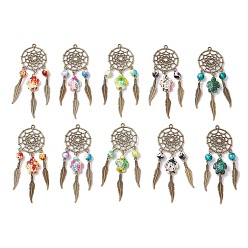 Античная Бронза Тканая сетка / паутина с подвесками из перьевого сплава, подвески из синтетических бирюзовых бусин, античная бронза, 85x28.5x8 мм, отверстие : 2 мм