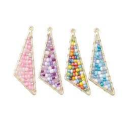 Mixed Color Golden Alloy Big Pendants, with Glass Seed Beaded, Triangle Charms, Mixed Color, 57x17x3.5mm, Hole: 1.7mm