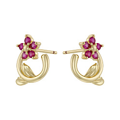 Средний Фиолетово-красный Серьги-гвоздики из латуни с кубическим цирконием ко Дню святого Валентина, цветок, золотые, средне фиолетовый красный, 13.5x12 мм