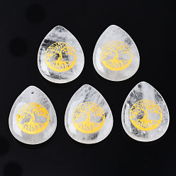 Хрусталь Природного кварца хрустальных подвесок, подвески из горного хрусталя, слеза с рисунком дерева жизни, 32~33.5x25~26x6.5~7.5 мм, отверстие : 2 мм, 6 шт / пакет