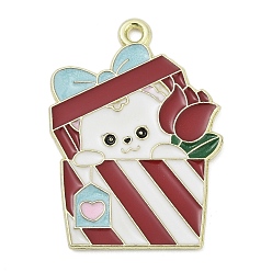 Темно-Красный Подвески из сплава с эмалью ко дню святого валентина, медведь с подарочной коробкой и розой, темно-красный, 28x20x1.2 мм, отверстие : 1.6 мм