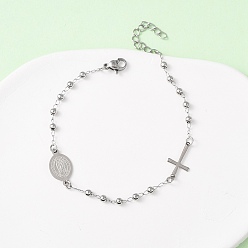 Нержавеющая Сталь Цвет Религия 304 браслеты из нержавеющей стали, браслеты из круглых бусин для женщин, овал с девой марии и крестом, цвет нержавеющей стали, 7-3/8 дюйм (18.8 см)