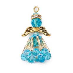 Небесно-голубой Подвески-ангелы из стеклянного бисера ручной работы, с крыльями из античного золотого сплава и гальваническими стеклянными бусинами, голубой, 40x20x19 мм, отверстие : 2 мм