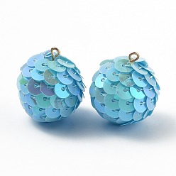 Licht Himmel blau Funkelnde Paillette-Kunststoff-Anhängerdekorationen, ab Farbe plattiert, Kugelform, Licht Himmel blau, 26x21 mm, Bohrung: 1.8 mm