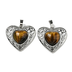 Tiger Eye Natural Tiger Eye Peach Love Heart Pendants, Rack Plating Brass Hollow Heart Charms, Cadmium Free & Lead Free, 29.5x30.5x7.5mm, Hole: 7.5x5mm