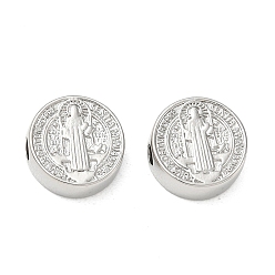 Platinum Brass Beads, Flat Round with Saint Benedict Medal, Cadmium Free & Lead Free, Rack Plating, Long-Lasting Plated, Platinum, 15x5.5mm, Hole: 3.5mm