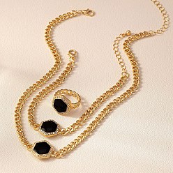 Шестиугольник Наборы из сплава эмали с хрустальными стразами, панцирные ожерелья, браслеты и кольца, золотые, шестиугольник, 350 мм