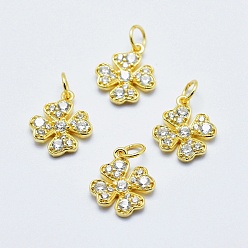 Настоящее золото 18K Латунные микропаве прозрачные кубические циркониевые подвески, долговечный, без кадмия, без никеля и без свинца, клевер, реальный 18 k позолоченный, 14x11.5x2 мм, отверстие : 3 мм