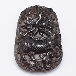 Black Natural Ice Crystal Obsidian Carven Pendants, Qilin, Black, 55.5x38x12mm, Hole: 1mm