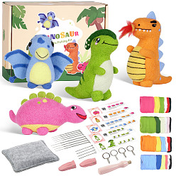 Couleur Mélangete Kits de feutrage à l’aiguille de dinosaure, y compris les aiguilles à feutrer, laine, coussin en mousse de feutrage, doigtier, porte-clés, épingles à oeil, instructions étape par étape, couleur mixte, 60~110x45~130mm