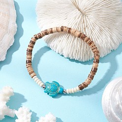 Tortoise Натуральный кокос с синтетическими бирюзовыми бусинами эластичные браслеты для мужчин и женщин, черепаха, внутренний диаметр: 2 дюйм (5 см), Черепаха: 14x17x7 мм