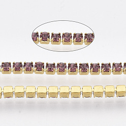 Свет Аметист 304 цепочки из страз из нержавеющей стали, с катушкой, горный хрусталь чашка цепи, золотые, светлый аметист, 2x2x2 мм, около 32.8 футов (10 м) / рулон