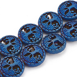 со Синим Покрытием Гальванизировать немагнитных синтетический гематит бисер пряди, матовый стиль, плоские круглые с дерева жизни, с покрытием синим, 12~12.5x4~4.5 мм, отверстие : 1 мм, около 32 шт / нитка, 15.74 дюйм