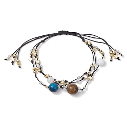 Тигровый глаз Многорядные регулируемые браслеты из натурального белого нефрита, тигрового глаза, тигрового глаза и нейлоновой нити, браслеты из стеклянных и латунных бусин, звездное небо, внутренний диаметр: 1-1/8~2-7/8 дюйм (3~7.6 см)