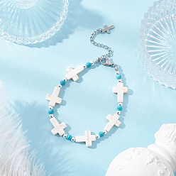 Белый Браслеты из бусин из синтетической бирюзы и немагнитного гематита для женщин, крестик, белые, 7-3/8 дюйм (18.6~18.8 мм)