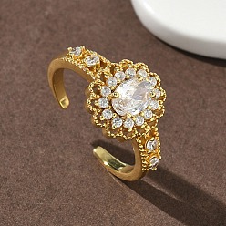 Золотой Открытые кольца манжеты из латуни с микропаве и кубическим цирконием, цветок, без кадмия и без свинца, стойки покрытие, долговечный, золотые, 13 мм, внутренний диаметр: 19 мм