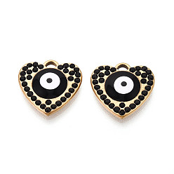 Черный 304 из нержавеющей стали горный хрусталь подвески, обереги в форме сердца и от сглаза, с эмалью, вакуумное покрытие pvd, реальный 18 k позолоченный, чёрные, 16x16x3 мм, отверстие : 1.6x2.5 мм