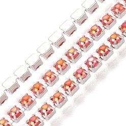 Color Salmón Cadenas de tenis de imitación de perlas de hierro y plástico ABS, plaza, arco iris chapado, con carrete, plata, salmón, 2x2x2 mm, sobre 10 yardas / rodillo