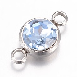 Свет Сапфира К 9 соединители стеклянные звенья, граненые, с 304 фурнитурой из нержавеющей стали, плоско-круглые, цвет нержавеющей стали, света сапфир, 17.5x10x6.5 мм, отверстие : 2.5 мм