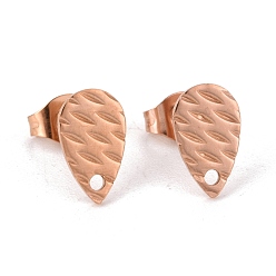 Розовое Золото Ионное покрытие (ip) 304 детали серьги-гвоздики из нержавеющей стали, с отверстием, текстурированная слеза, розовое золото , 10x6 мм, отверстие : 1 мм, штифты : 0.8 мм