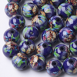Blue Printed & Spray Painted Glass Beads, Round with Flower Pattern, Blue, 10~10.5x9.5mm, Hole: 1.6mm
