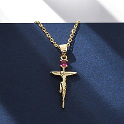 Настоящее золото 18K Религия латунный паве темно-розовый кубический цирконий крест кулон ожерелья Иисус, реальный 18 k позолоченный, 18.19 дюйм (46.2 см)