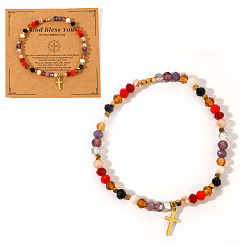 Colorful Natural Stone and Glass Faceted Rondelle Beaded Stretch Bracelets with Brass Religion Cross Charms for Women, Real 14K Gold Plated, with Paper Display Cards, Colorful, 6.89 inch(17.5cm)