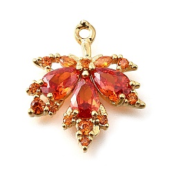Оранжево-Красный Латунные микропаве прозрачные подвески с фианитом, лист прелести, реальный 18 k позолоченный, оранжево-красный, 19x16.5x3.5 мм, отверстие : 1.2 мм