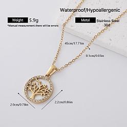 Golden 304 Stainless Crystal Rhinestone Tree of Life Pendant Necklaces for Women, with Resin, White, Golden, 17.72 inch(45cm)