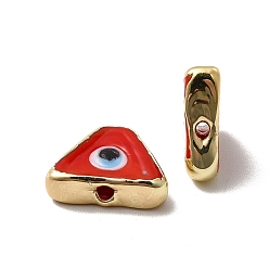 Rot Messing Emaille-Perlen, langlebig überzogen, echt 18 k vergoldet, Dreieck mit Muster des bösen Blicks, rot, 10~11.5x13~13.5x4~5 mm, Bohrung: 1.6~1.8 mm