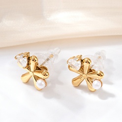 Цветок 304 из нержавеющей стали кубического циркония серьги стержня, с пластиковой имитационной жемчужиной, реальный 18 k позолоченный, цветок, 12x11.5 мм