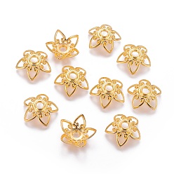 Настоящее золото 18K Причудливые шапочки для бус из сплава, цветок, 5-лепесток, реальный 24 k позолоченный, 20x7 мм, отверстие : 3.5 мм