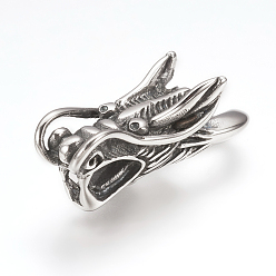 Antique Silver 316 Surgical Stainless Steel Cord Ends, End Caps, For Leather Cord Bracelets Making, Dragon Head, Antique Silver, 35x11x13mm, Hole: 6x10mm