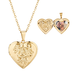 Golden 304 Stainless Steel Heart Locket Pendant Necklaces for Photo, Golden, 18.19 inch(46.2cm)